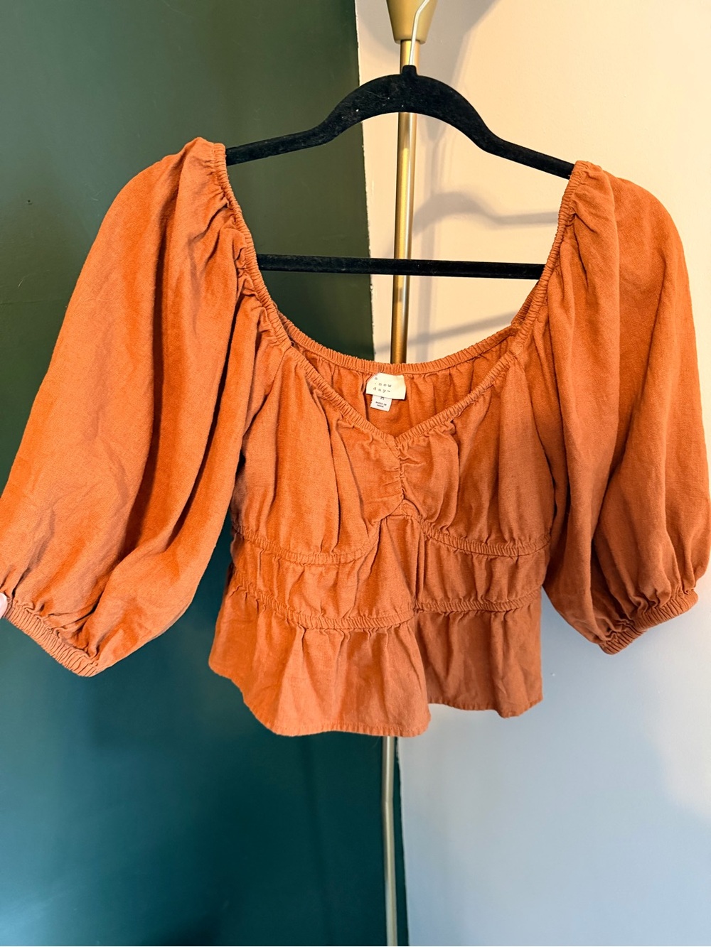 a new day Rust Orange Peasant Blouse with Puff Sleeves